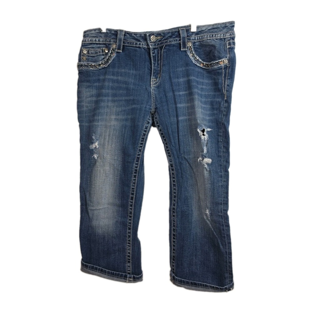 Miss Me Signature Cuffed Capri Jeans Womens 34 Distressed Embroidered Blue
